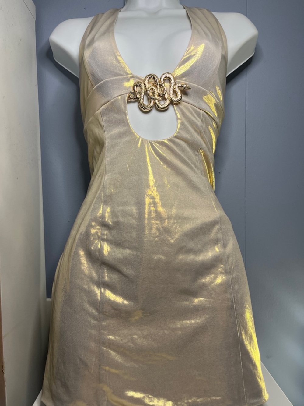 Missguided Gold Metallic Halter Mini Dress with Decorative Buckle